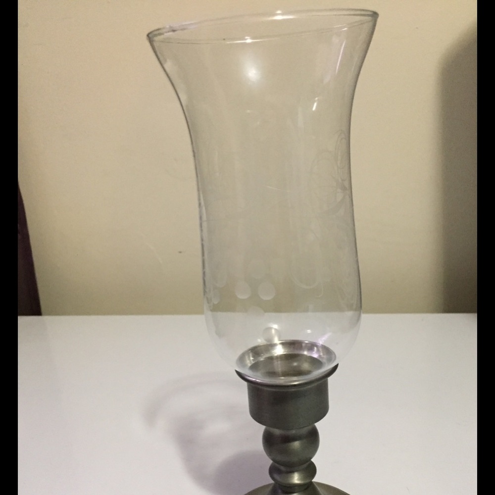 Set of 2 Pewter and glass tapered candle holder